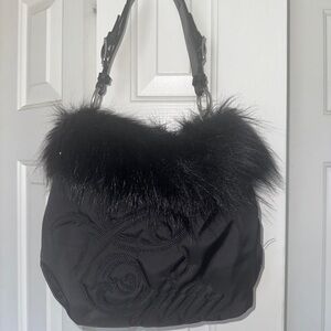 Elegant Black Fur-Trimmed Women's Bag